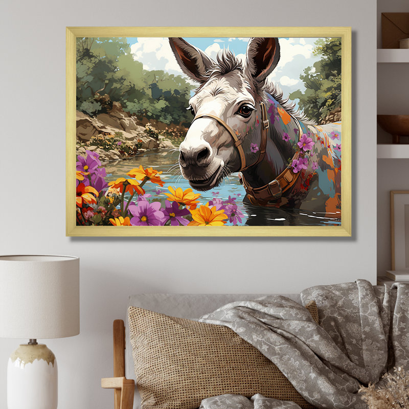 Farmhouse Donkeys Flower Charm III - âne, art mural, Cadre d'angle fermé doré, H 24 po x l 32 po x P 1 po