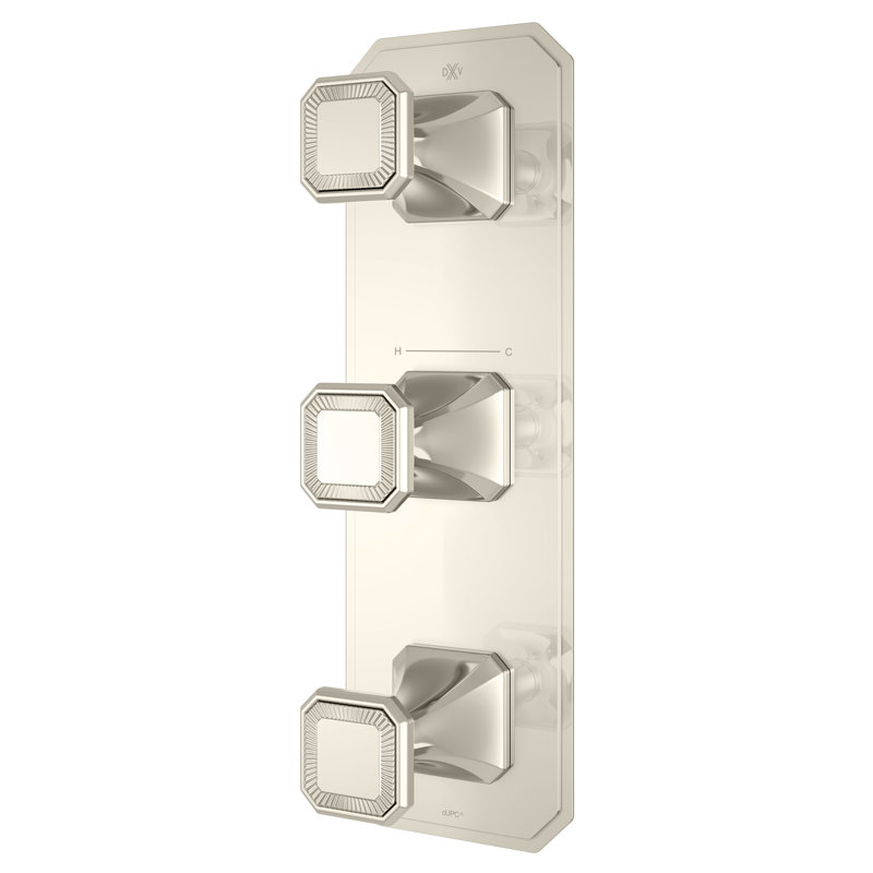 Belshire Three-Handle Thermostatic Valve Trim With Cushion Handles, Platinum Nickel