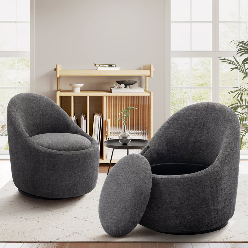 66Cm Wide Swivel Barrel Accent Chair With Hidden Storage, Upholstered Lounge Chair, Dark Grey