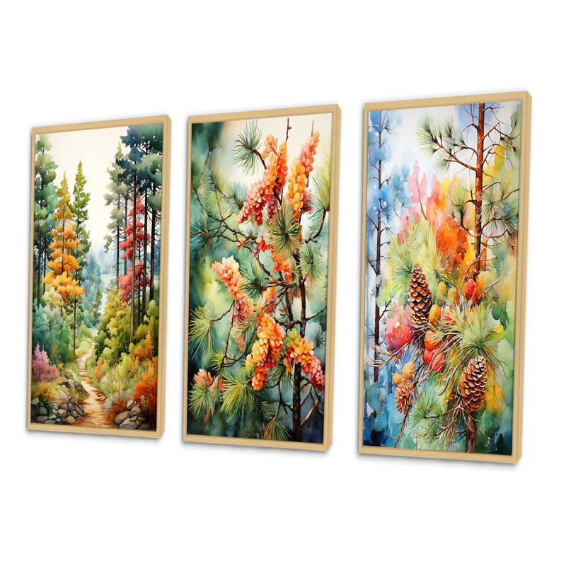 «Pine Tree Autumn Symphony», 3 pièces sur toile, Cadre naturel flottant, H 28 po x l 36 po
