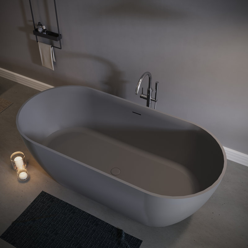 63" Freestanding Solid Surface Bathtub Matte Grey Oval Deep Soaking Tub with Overflow and Pop-up Drain, 63", Matte Grey