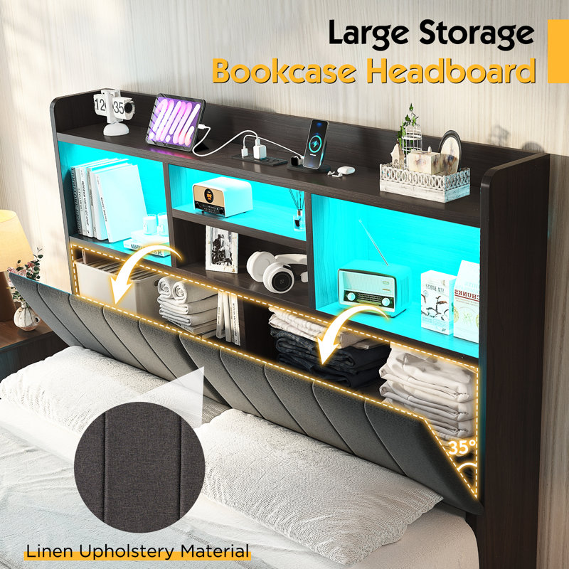  Farmhouse Full Bed Frame with LED Storage Bookcase Headboard & Charging Station, Black, Full / Double, Black