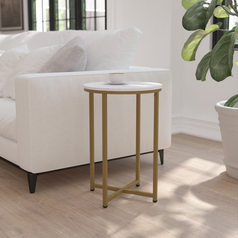 Hampstead Collection End Table - Modern Laminate Accent Table with Crisscross Frame, White Marble, Brushed Gold