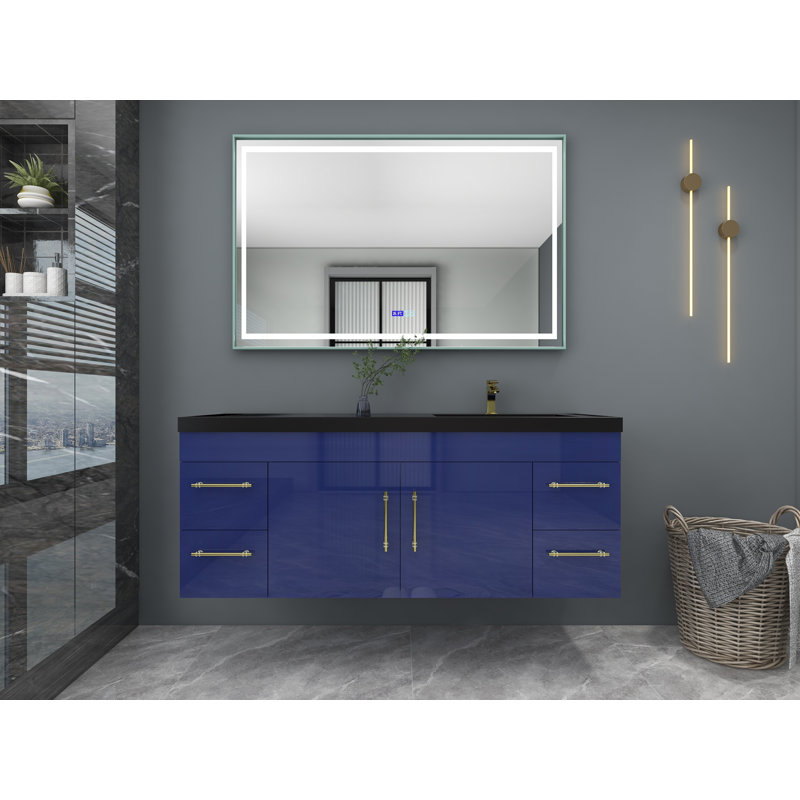 Ensemble de meuble-lavabo mural simple 60 po Campfort, Bleu nuit brillant, Or mat