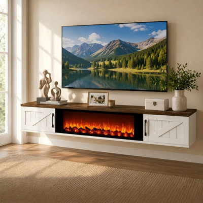 Meuble télé 67 po pour téléviseur de 80 po ou moins, console multimédia de style campagne avec armoires de rangement et tablette ouverte, finition grain de bois, gris / blanc / noir