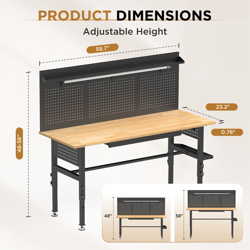 Établi 60 po avec tiroirs, plateau en bois massif, capacité de 2000 lb, table de travail de garage à hauteur ajustable avec prise de courant, lumière DEL, roues ou pieds de nivellement