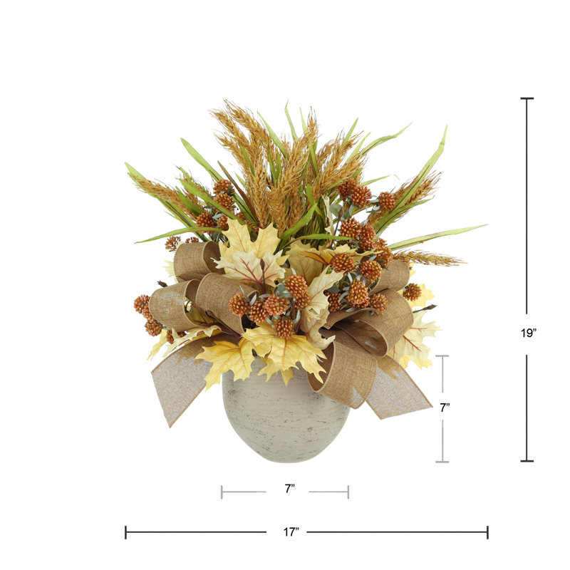 Maple Leaf, Berry and Wheat Fall Arrangement with Burlap Bows