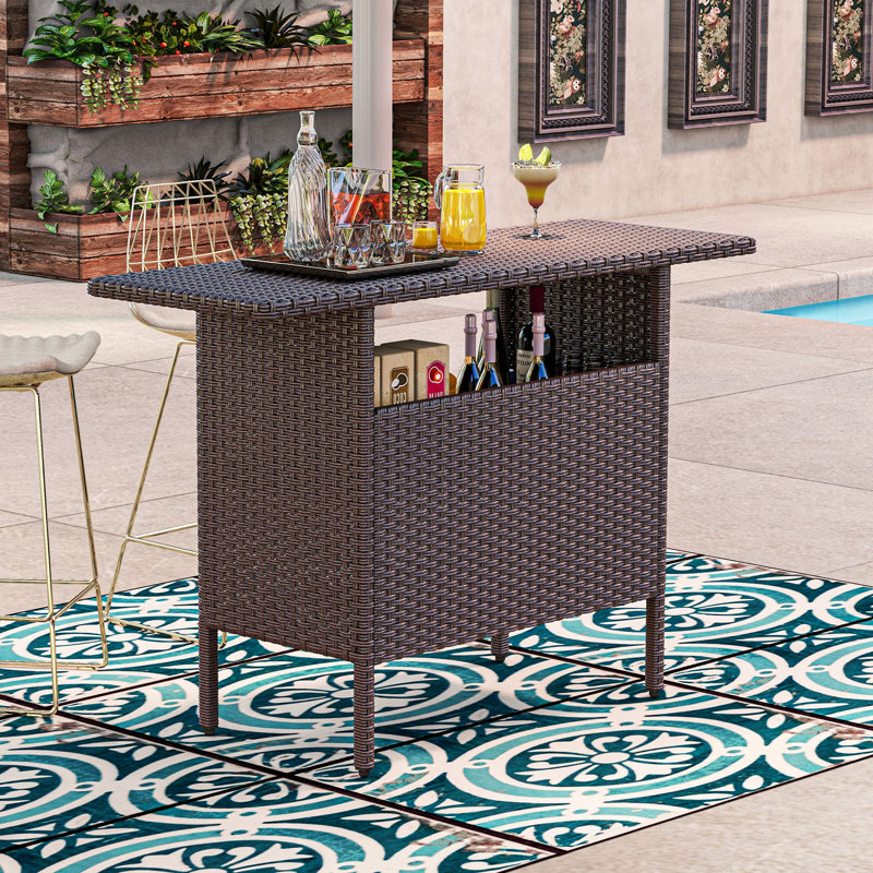 Table de bar en rotin 55 po avec 2 tablettes de rangement et structure en acier