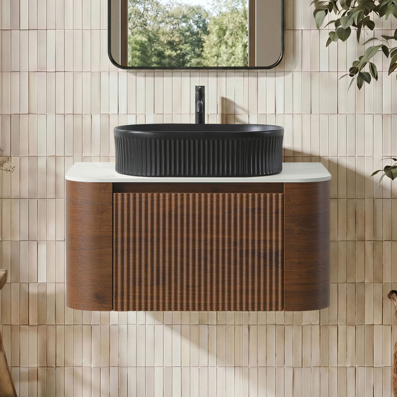 Meuble-lavabo flottant 30 po avec lavabo vasque et porte-serviettes pré-assemblés 30 po, Walnut, Noir