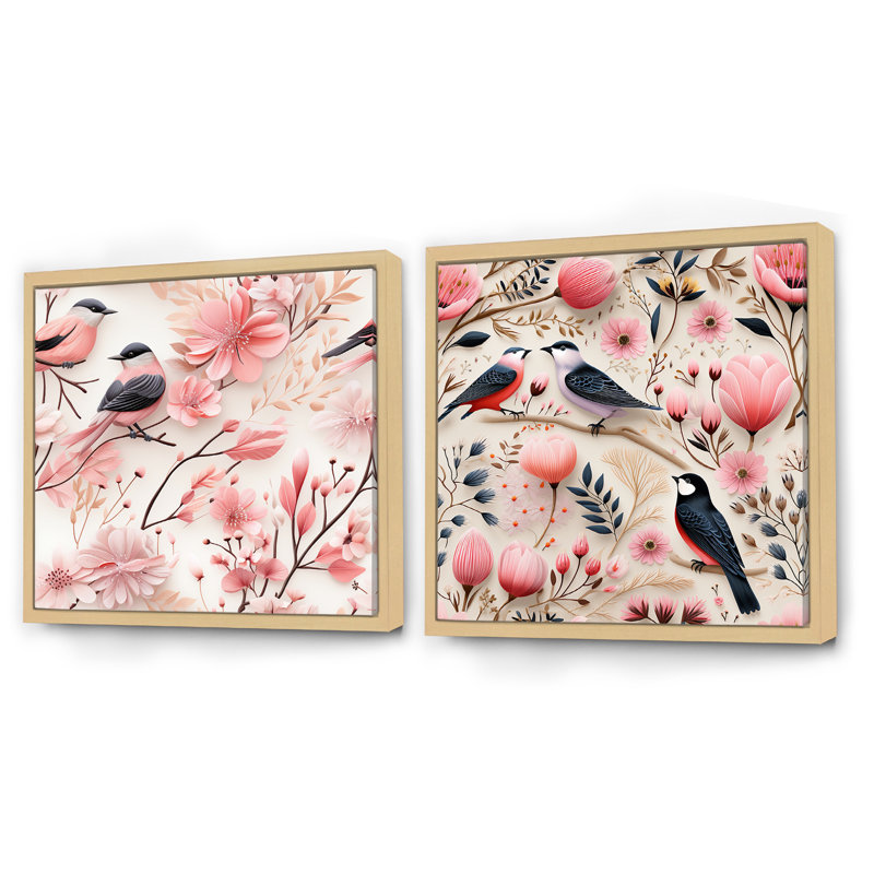 Ensemble de 2 collages carrés floraux roses et scandinaves, Cadre flottant brun, H 36 po x l 73 po
