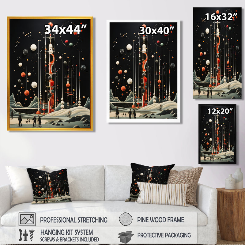 Illustration rétro d'une fusée spatiale - art mural espace, H 32 po x l 16 po x P 1 po, Toile avec cadre flottant brun