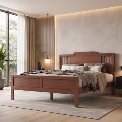 Lit plateforme en bambou massif, taille standard, avec tête de lit haute et sommier à lattes, marron chaud