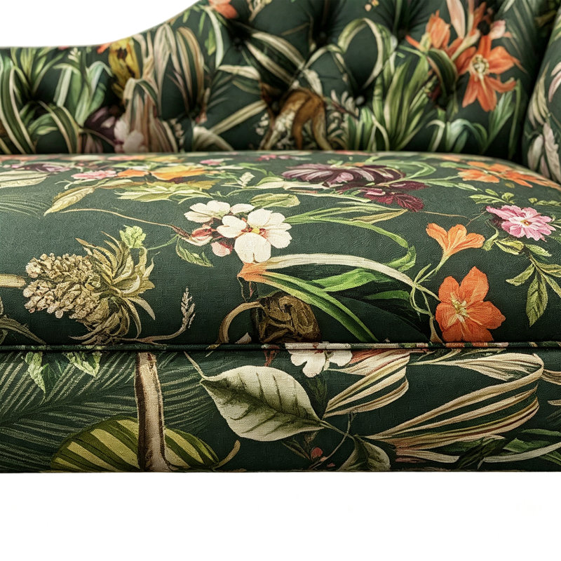 Chaise longue rétro en mélange de lin et bois massif vert, Left Hand Facing