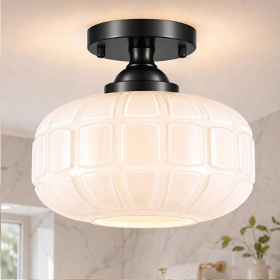 9.5" Black Semi Flush Mount Ceiling Light with Opal White Pressed Glass Shade