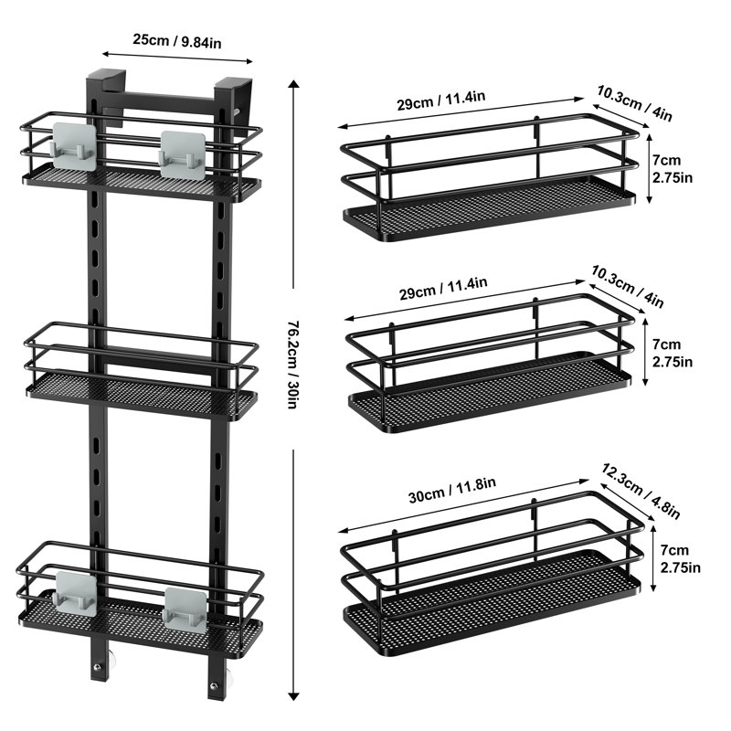 Support de rangement pour garde-manger au-dessus de la porte avec des crochets fiables, support de rangement pour panier de douche robuste, tablettes de salle de bain extra larges, noir