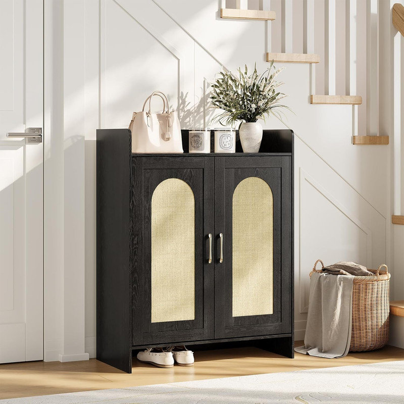 Shoe Cabinet for Entryway, Rattan Storage Cabinet with 2 Doors, Wooden Farmhouse Boho Shoe Organizer for Hallway Living Room