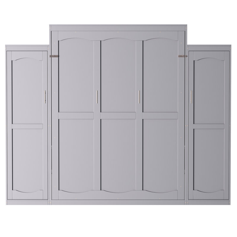 Grand lit pliable gris avec 2 garde-robes et tablette de rangement, cadre de lit plateforme multifonctionnel pour la chambre à coucher, structure en bois - invités, conception à compartiments