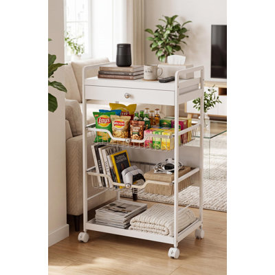 Chariot de rangement roulant en métal à 4 niveaux, gain de place - Étagère de rangement robuste avec roulettes verrouillables - Montage facile pour la cuisine, le garde-manger, le garage et la salle de bain - Blanc