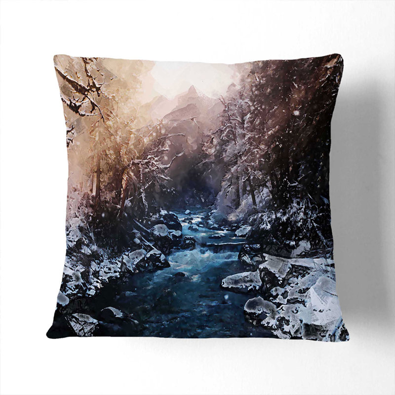 Winter Forest and Stream in Canada Cushion with Filling, Black, 55cm H x 55cm W x 20cm D
