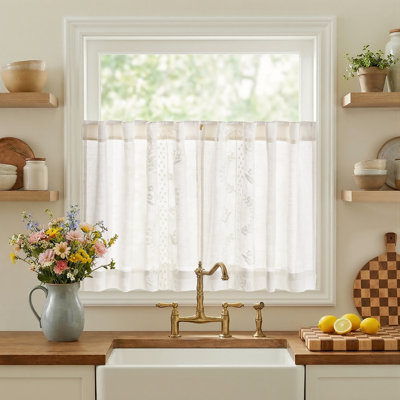 Linen Floral Embroidered Kitchen Curtains Farmhouse Cafe Curtains