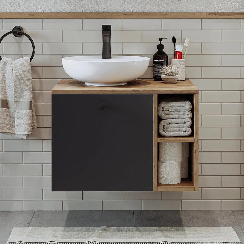 Lotus Bathroom Vanity Unit with Ceramic Washbasin / Sink 65cm, Natural/Black