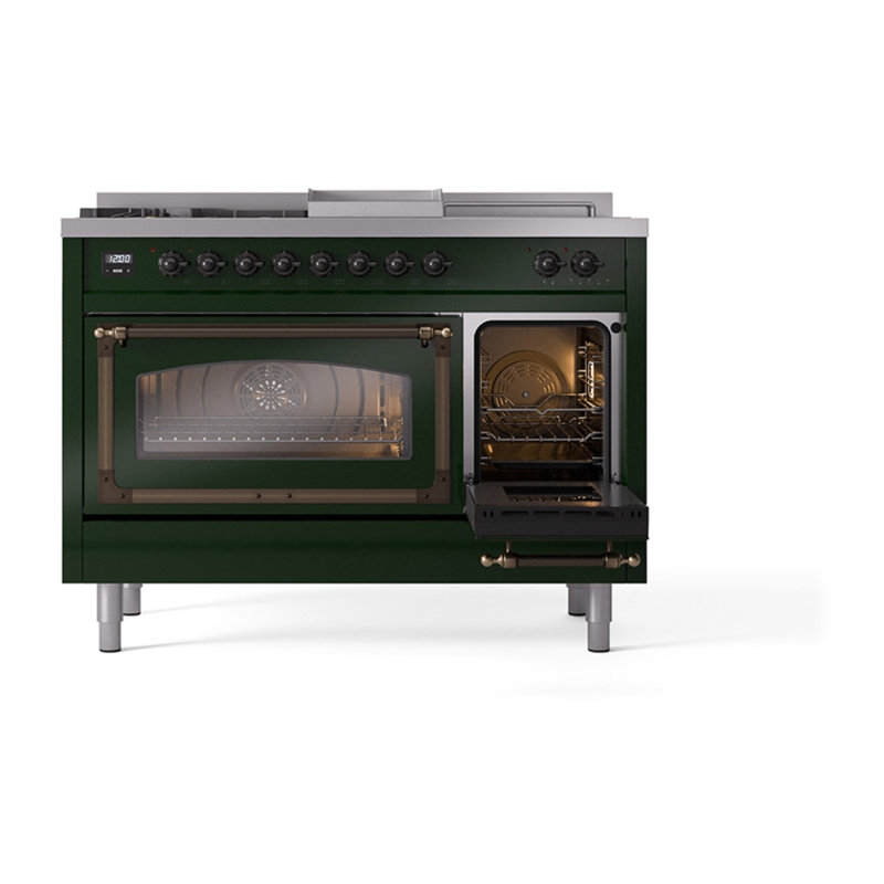 ILVE Nostalgie II Noblesse 48 inch Dual Fuel Range (5 Sealed Burners + Griddle + French Top, Triple Glass Door), Burnished