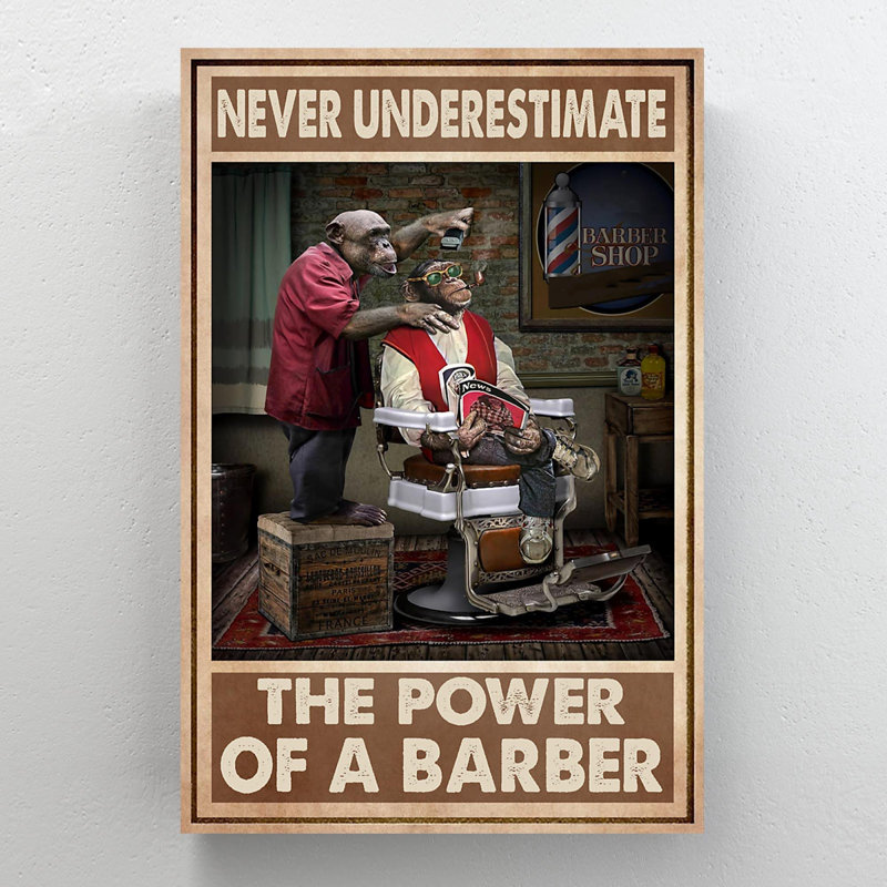 «Monkey Barber With His client - Once Once A Time», reproduction d'art graphique sur toile tendue, H 20 po x l 16 po x P 2 po