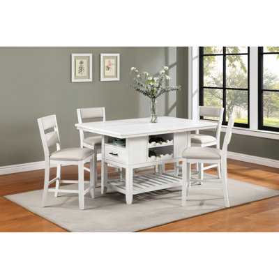 5 Counter Height Dining With White Rectangular Table, Wine Bottle Storage, Upholstered Chairs, Open Shelf And Storage Drawer, Solid Wood Furniture, Vi