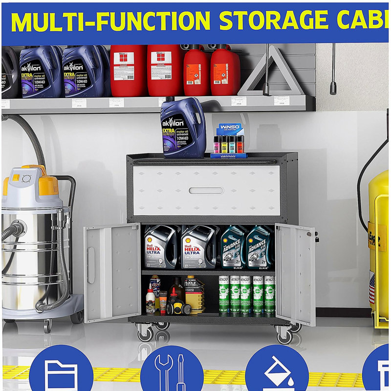 Armoire à outils en métal robuste et durable pour le garage avec roues - Armoire de rangement mobile robuste avec 1 tiroir et 2 portes verrouillables, armoire de rangement à outils roulante, noire et grise