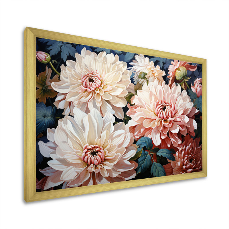Chrysanthèmes rose et blanc collage I - décoration murale de chrysanthèmes, H 12 po x l 20 po x P 1 po, Cadre doré simple