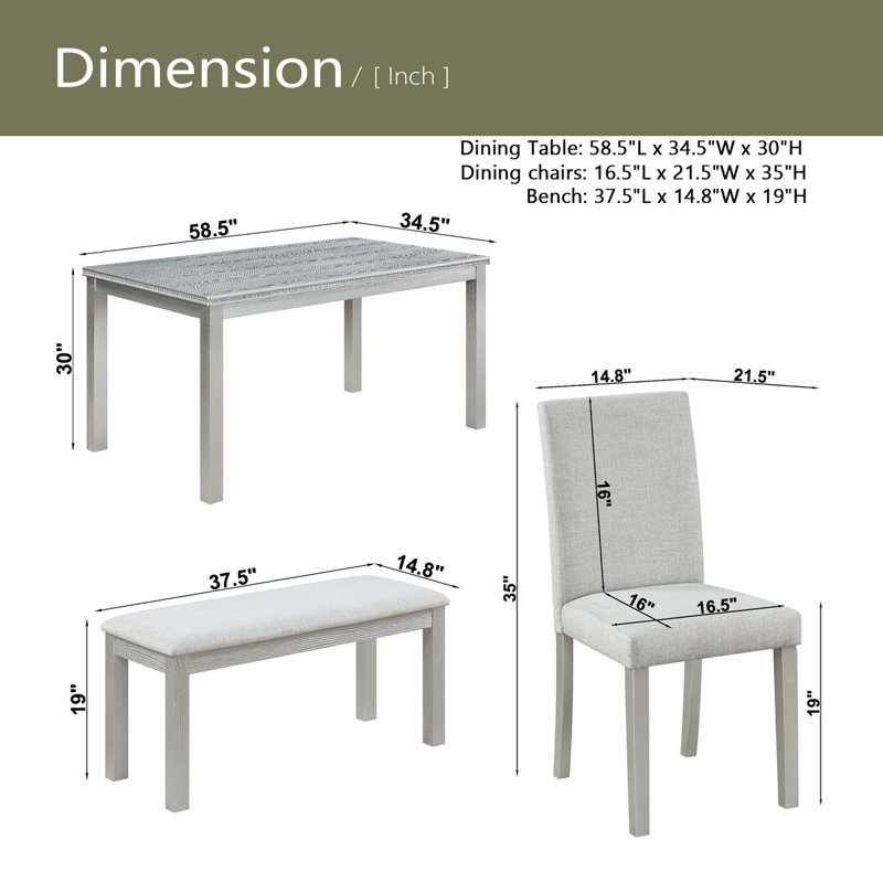 6 Piece Wooden Dining Table Set, Wooden Dining Table With 4 Upholstered Chairs And Bench For 6 People, Silver Gray