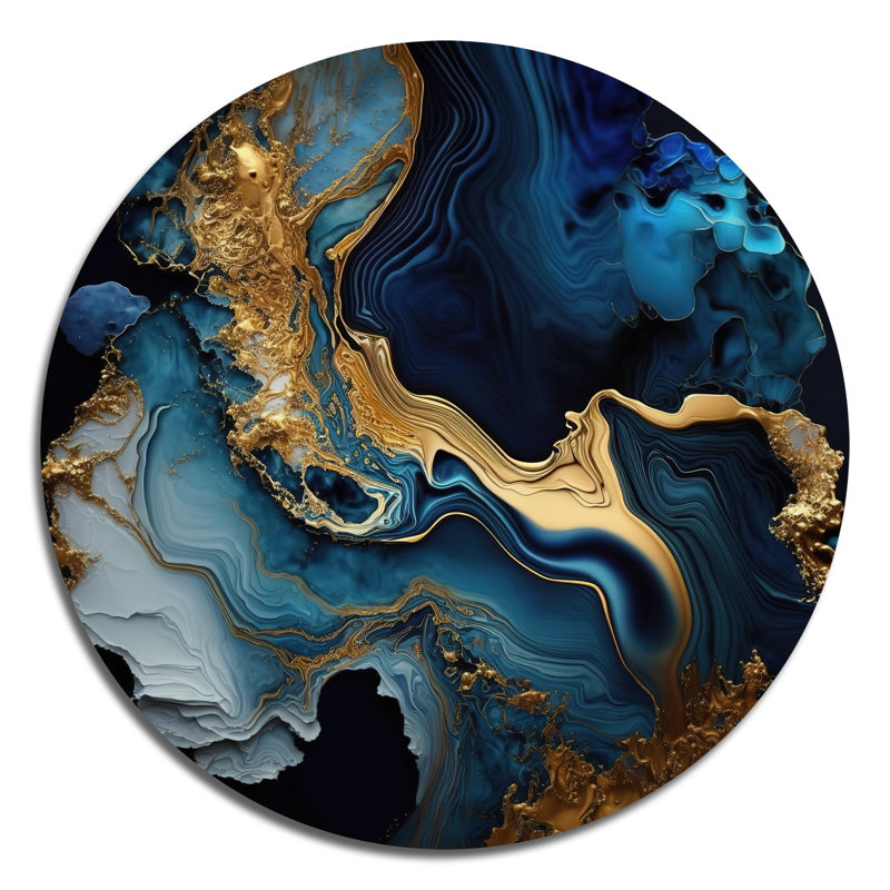 Géode abstraite marbre bleu III - Art abstrait rond en métal, H 36 po x l 36 po