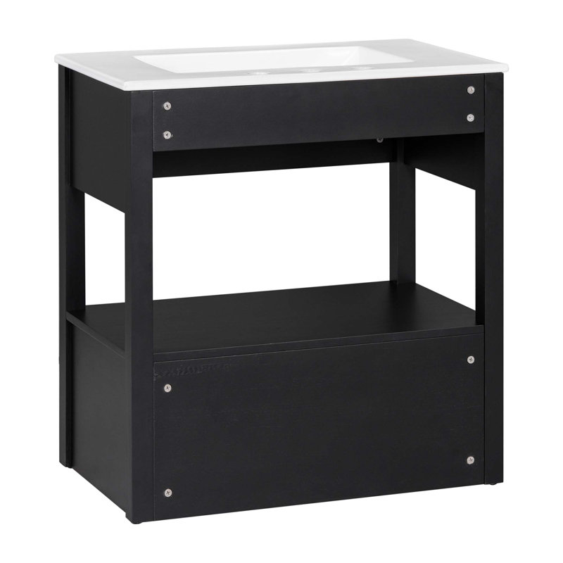 Meuble-lavabo 30 po avec comptoir d'évier, armoire de salle de bain avec tablette de rangement ouverte et 2 tiroirs, Noir