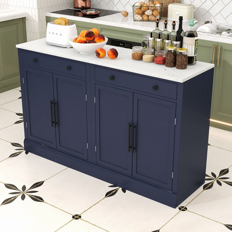 Garde-manger 2 pièces avec plateau en faux marbre, tablettes réglables, tiroir coulissant et cabient, Bleu