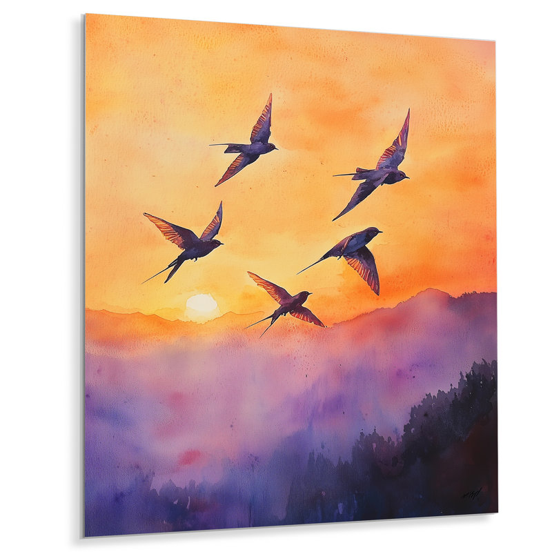 Swallows Birds At Sunset IV - Art mural en métal, reproduction d'art moderne en métal, H 32 po x l 16 po