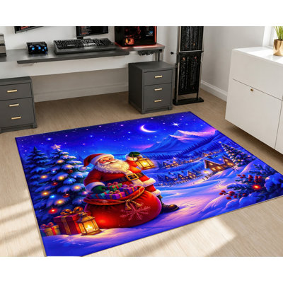 Tapis lavable à motif Père Noël, paysage d'hiver enneigé, surface en velours, doux et antidérapant, décoration intérieure moderne pour salon, chambre, entrée, bureau, balcon, appartement