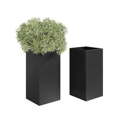 Heavy Duty 30 Inch Tall Square Metal Planter 2Set Modern Black Steel Plant Pots Removable Insert Shelf Drainage Holes WeatherResistant Indoor Outdoor Garden Container Superior Black Square15x1530