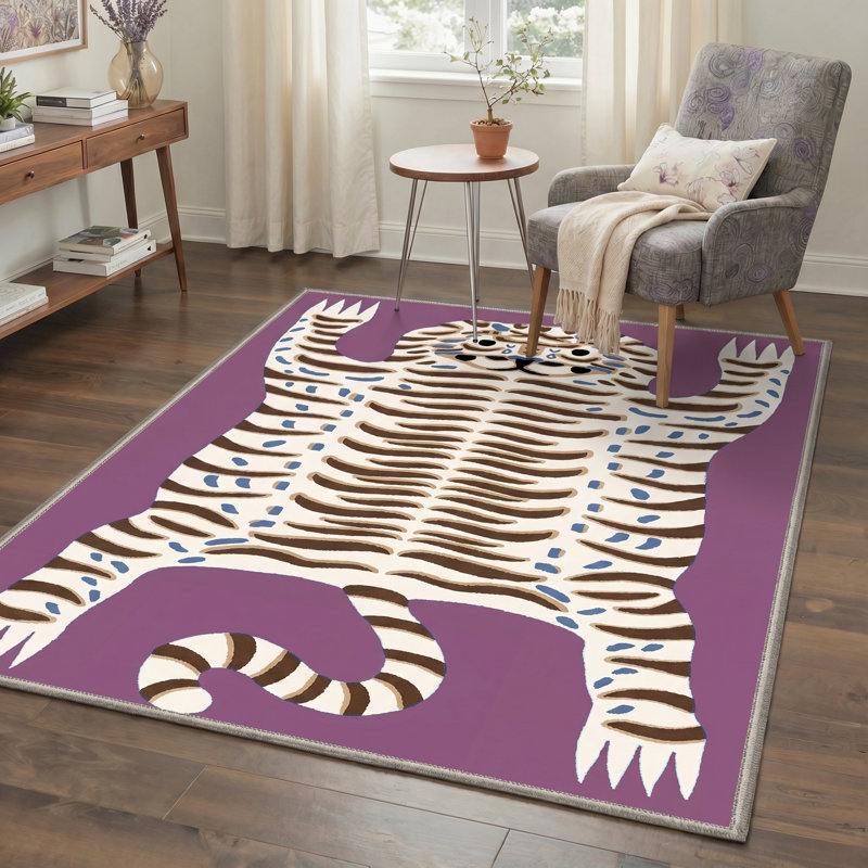 Tapis mauve / ivoire lavable à la machine avec envers antidérapant Abidi, Fleur ocre, Rectangle 9 pi x 12 pi