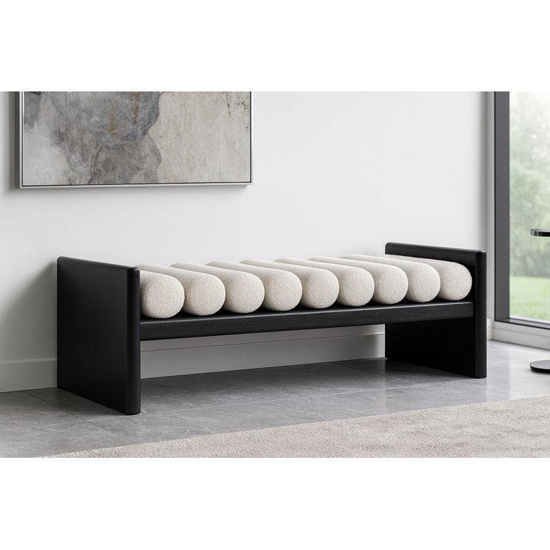 Waverly Boucle Wood Bench, Cream Boucle Fabric / Black Finish, 18" H x 52" W x 19" D