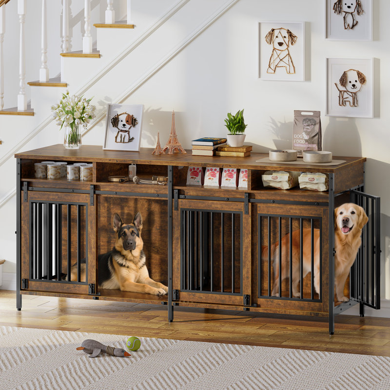 78.74''W Double Dog Crate Furniture with Removable Divider and 4 Doors, Wooden Dog Kennel TV Stand with 4 Compartments