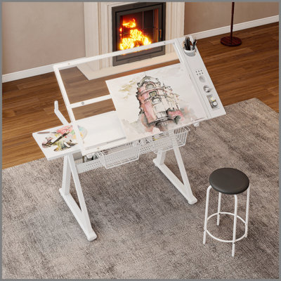Adjustable Tempered Glass Drafting Table with Chair and Storage, Ideal for Drawing, Printing, and Multi-Use Spaces
