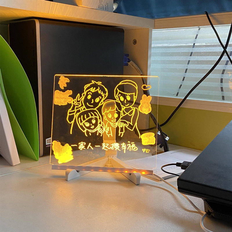 LED Note Board with 7 Pens Cleaning Cloth Glowing Acrylic Letter Dry-Erase Board with Bracket Reusable Multifunctional Glow Memo Message Board