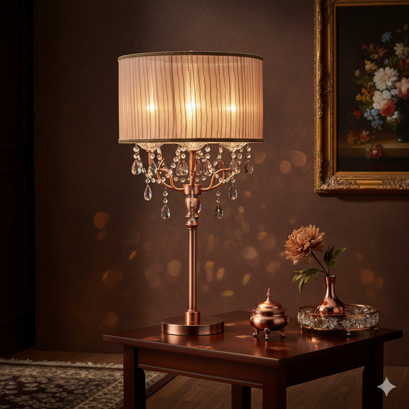 Grande lampe de table 35 "Rosie" avec finition rose argenté et accents de cristal, abat-jour