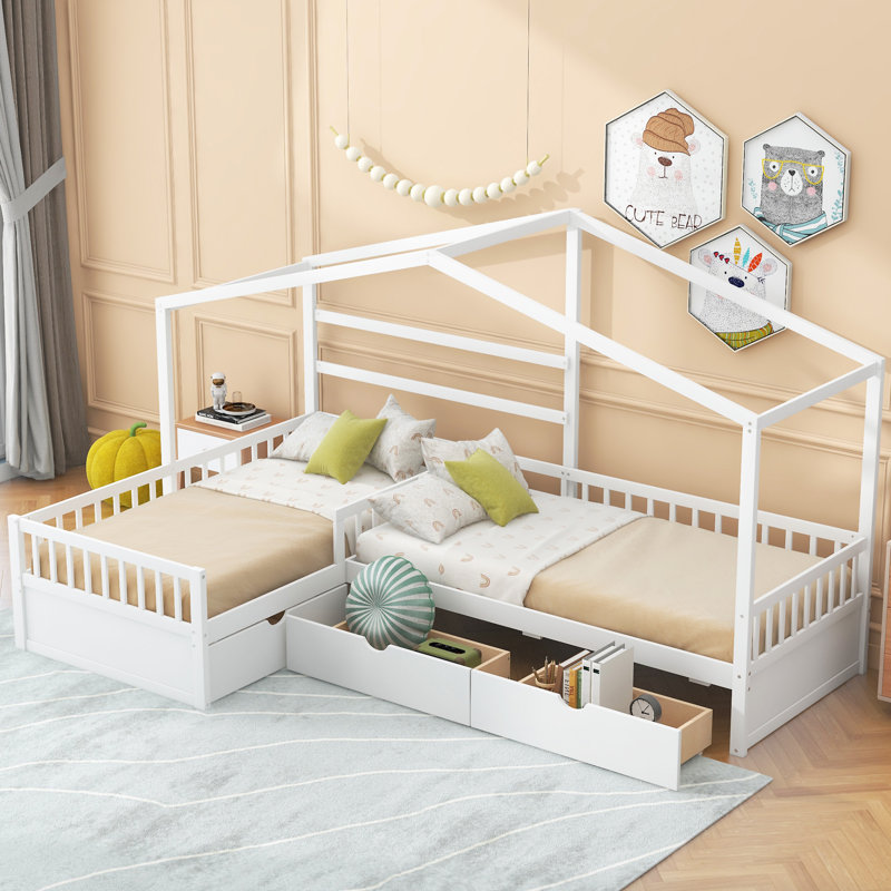 Lit plateforme House avec trois tiroirs de rangement, Blanc