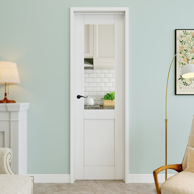 24" x 80" Half-Lite Clear Glass Interior Prehung Door with Curve Lever and Black Hinges, Clear Glass Door Slab, Paintable & Waterproof, Suit for Laundry, Closet Doors, Room Doors, Right Hand