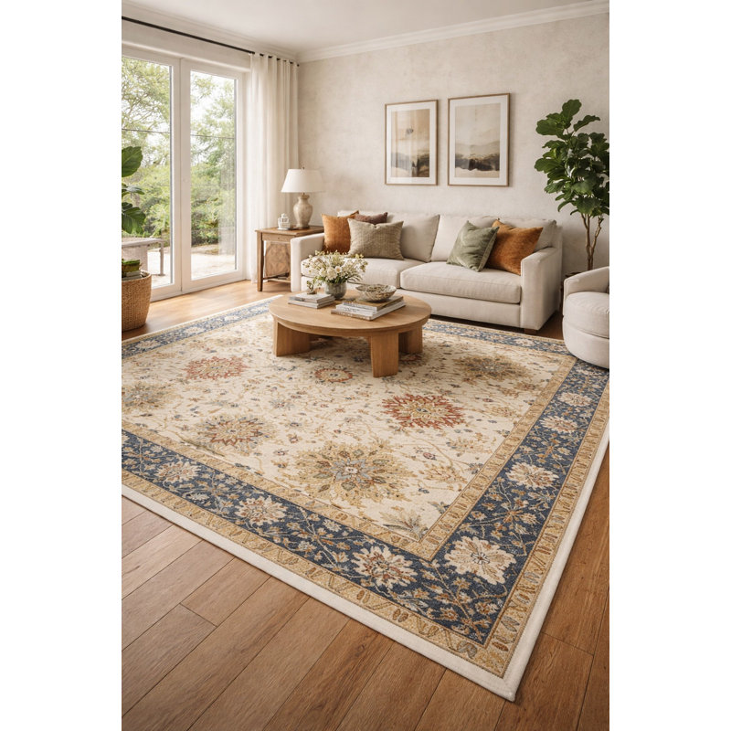 Tapis crème en laine noué à la main floral 10 pi 1 po x 14 pi 1 po Floral