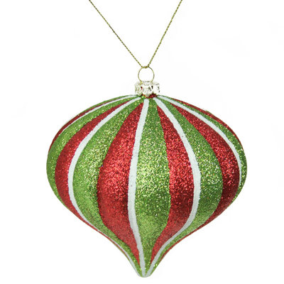 3.5" Red and Green Glitter Stripe Shatterproof Christmas Onion Ornament