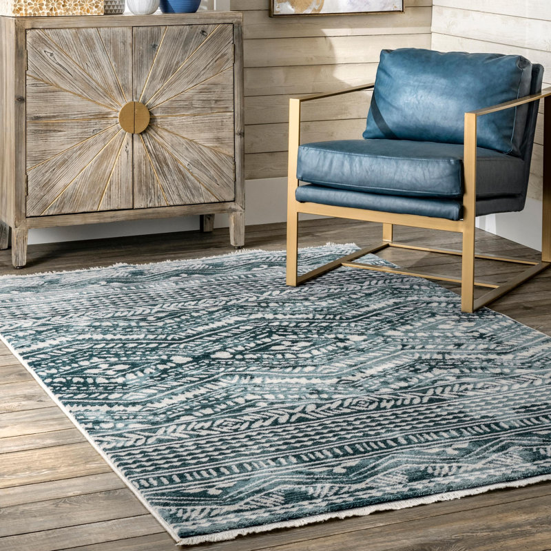 Tapis géométrique bleu Fromberg, Rectangle 5 pi x 7 pi 5 po