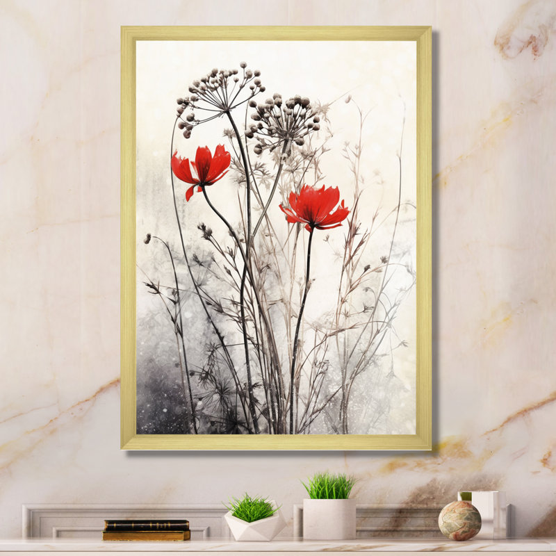 Décoration murale florale rouge et grise I, Doré, H 44 po x l 34 po x P 1 po, Cadre photo unique