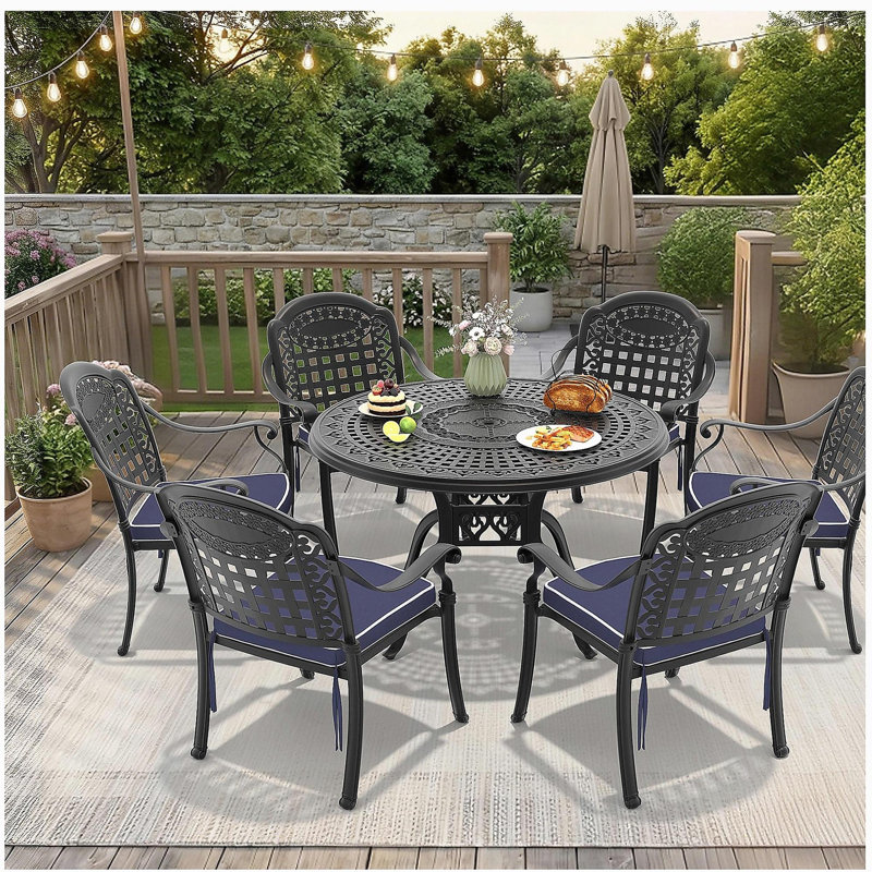 Ensemble de 7 pièces de mobilier de patio en aluminium coulé avec cadre noir et coussins de siège bleus (identique à: W1710S00487)
